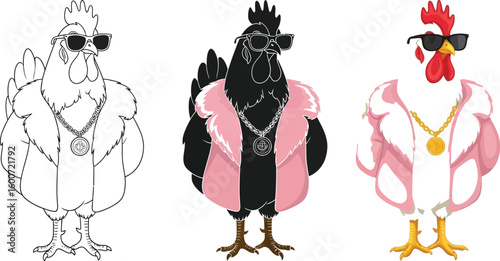 Three cartoon chickens showcase unique styles with sunglasses, fur coats, and gold chains, offering a humorous and trendy animal illustration suitable for various design projects.