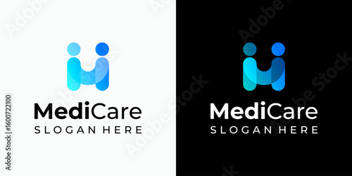 Vector logo design of two people shaking hands in modern, simple, clean and abstract style. Icon for business, health care, coaching and personal branding.