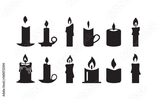Candle Silhouettes Set. Black Vector Icons of Wax Candles with Flames. Victor illustration eps10