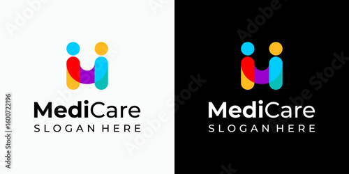Vector logo design of two people shaking hands in modern, simple, clean and abstract style. Icon for business, health care, coaching and personal branding.