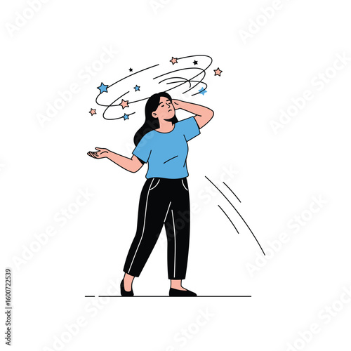 Young woman experiencing vertigo dizziness symptoms feeling unwell and lightheaded