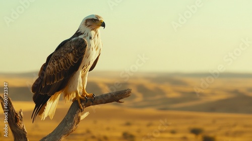 Majestic Tawny Eagle Perched on Branch, Overlooking Golden Desert Landscape at Sunset
