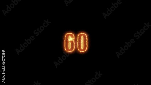 Glowing orange number sixty with a fiery effect on a black background. Concept for a 60-second timer, countdown, or milestone.