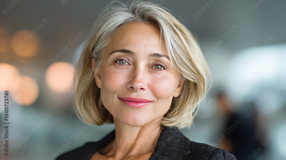 Obraz premium successful smart beautiful middle-aged businesswoman smiling at the camera, 45 years young, executive at work, 16:9
