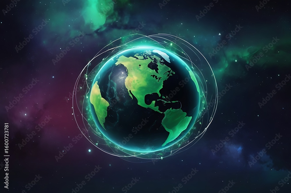 Fototapeta premium A Vibrant Green World Floating Among The Stars In A Cosmic Environment.