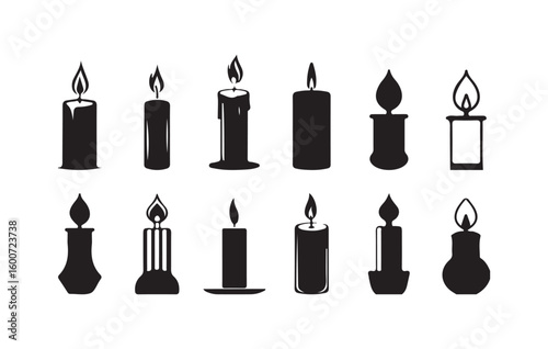 Candle Silhouettes Set. Black Vector Icons of Wax Candles with Flames. Victor illustration eps10