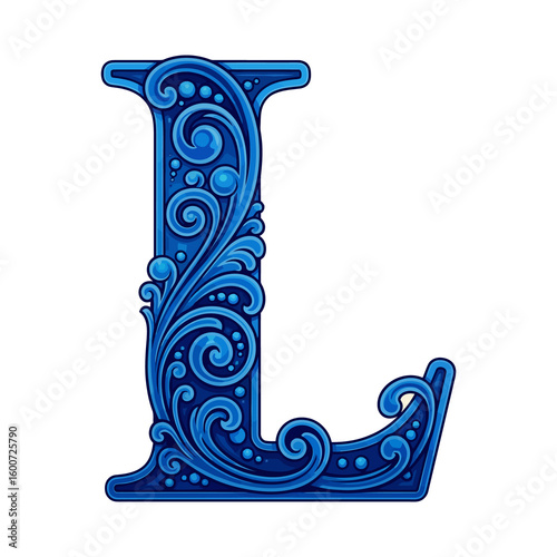 Ornate Decorative Letter L, Blue Calligraphy Initial