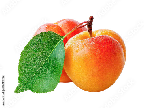 fresh apricots with leaf on transparent background