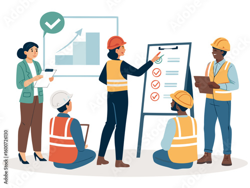 Diverse groups of business people and workers are depicted in cartoon vector illustrations, showcasing concept of success through work in office and factory settings