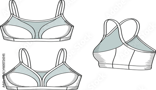 Women's sports bra design, technical fashion sketch, front and back view, adjustable strap, breathable fabric, seamless fit, CAD drawing flat vector illustration
