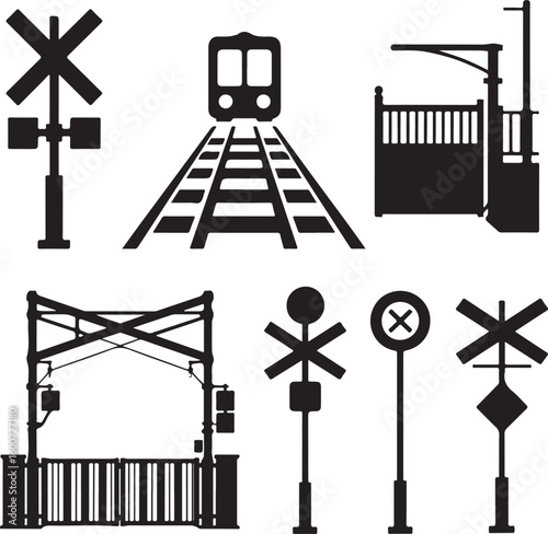 Railroad crossing signs and train railway signals