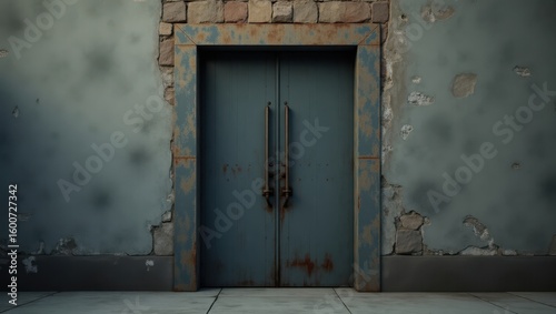 Rusted double doors on a weathered wall.