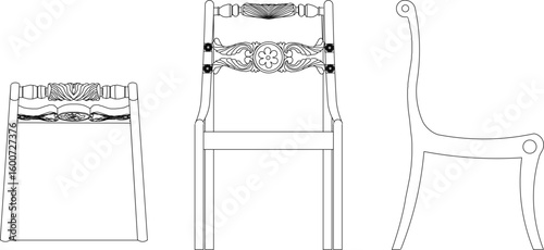Vector sketch illustration silhouette of classic vintage ethnic traditional wooden chair furniture design with carvings