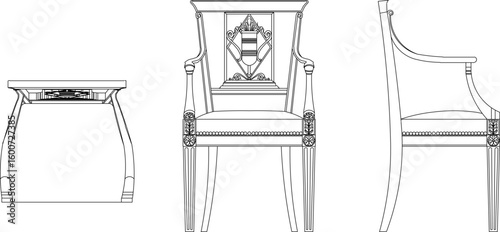 Vector sketch illustration silhouette of classic vintage ethnic traditional wooden chair furniture design with carvings