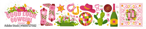 Good Luck Cowgirl! Vector illustration with cowgirl elements in country style. Hat, boots, horseshoe, cactus, disco ball and flowers for western poster, card, girly or fun icons. Trendy art.
