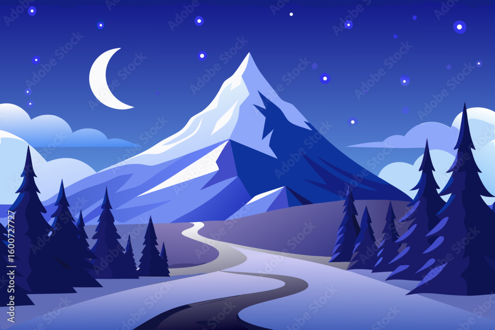 Fototapeta premium Snowy Winter Night Landscape with Moon, Mountains, and Pine Trees - Vector Illustration