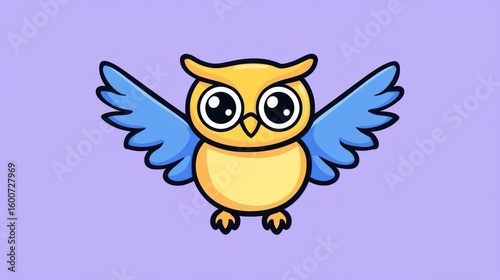 Cute cartoon owl in flight against a pastel background. Possible use children's book illustration