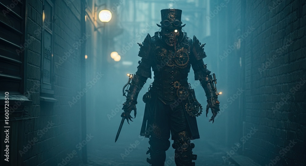 Fototapeta premium Steampunk undead figure standing in a foggy dark alley with a dagger