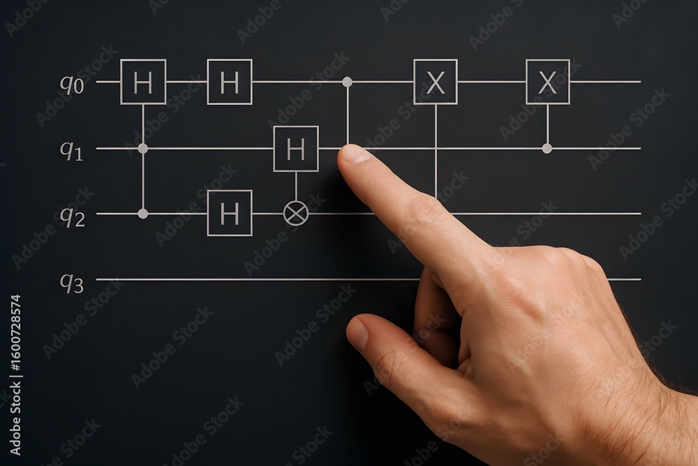 Fototapeta premium Understanding quantum circuits a hand pointing at a complex quantum computing diagram on a blackboard