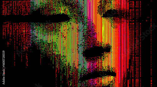 Glitch vector background with abstract human face in vibrant colors  