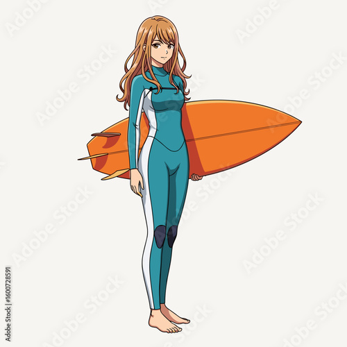 Female surfer standing with orange surfboard in wetsuit  