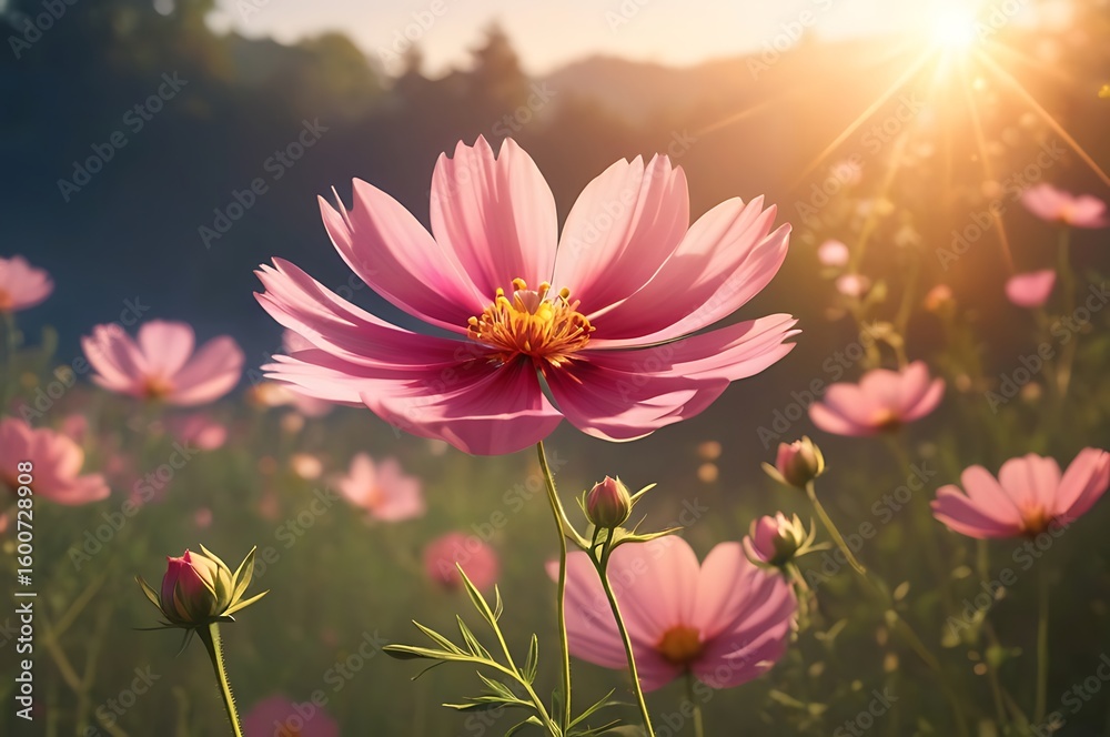 Obraz premium Vibrant Cosmic Flowers Bathed In Golden Light, Capturing The Gentle Beauty Of Nature.