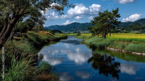 Peaceful river winding through Korean countryside with lush green rice fields, distant mountains, cloud reflections on water and a gentle breeze in tranquil rural landscape