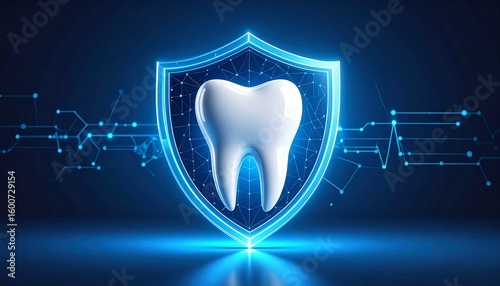 Conceptual image of tooth protected by glowing shield symbol on abstract blue background, symbolizing dental insurance and oral health protection.