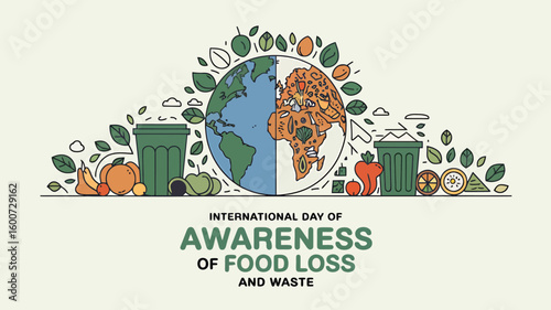 International Day of Awareness of Food Loss and Waste Poster with Leftover Food, Trash Bin and Save Food Icons