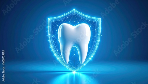 Conceptual image of tooth protected by glowing shield symbol on abstract blue background, symbolizing dental insurance and oral health protection.