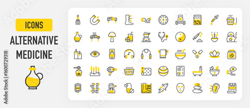 Alternative medicine icons. Magnet, Ying Yang, Jumping Rope, Lotus Flower, Cupping, Herbal, Massager, Spa, Sauna, Ear Acupuncture, Drug, Massage Ball vector stroke illustration.	
