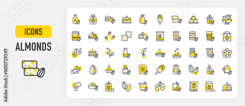 Almonds icons. Seed Bag, Protein Bar, Roasted, Oil, Nougat, Essence, Flour, Granola, Marzipan, Yogurt, Barfi, Almond Milk, Cake, Grow, Butter, Snack, Flower vector stroke illustration.	