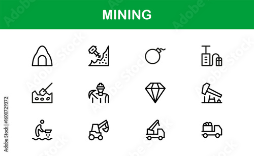 Mining Operations Modern Line Icon Pack – Professional Minimal Collection of Excavation Machinery Pickaxe Helmet Conveyor Ore Cart Symbols for Marketplaces