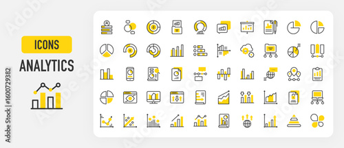 Analytics icons. Files, Growth, Timeline, Cloud, Pie Chart, Arrows, Analytics, File, Global, Pyramid, Petals, User, Diagram, Folder, Chat, Presentation vector stroke illustration.	
