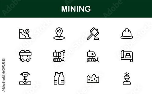 Mining Operations Modern Line Icon Pack – Professional Minimal Collection of Excavation Machinery Pickaxe Helmet Conveyor Ore Cart Symbols for Marketplaces