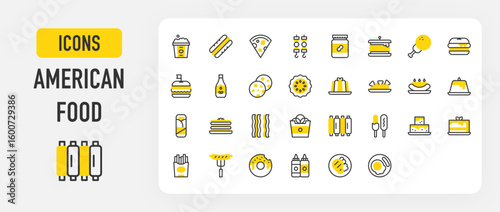 American food icons. Ranch Dressing, Peanut Butter, Reuben Sandwich, Cheesecake, Steak, Nachos, Cookies, Doughnut, Jelly, Ketchup, Brownies, French Fries vector stroke illustration.	
