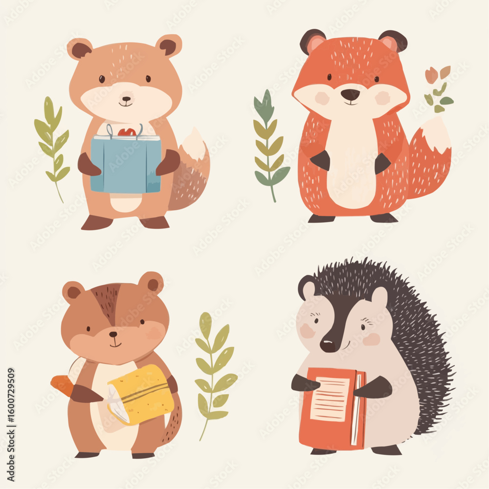 Fototapeta premium Group of woodland animals including bear, squirrel, fox and hedgehog holding books and notebooks, with soft naive cartoon look, perfect for educational printables, nursery wall art and kids packaging