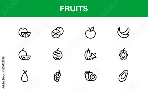 Fruits Line Icon Collection – Professional, simple, and unique vector pack showcasing healthy fruit concepts with clean and stylish design elements