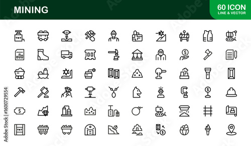 Mining Operations Modern Line Icon Pack – Professional Minimal Collection of Excavation Machinery Pickaxe Helmet Conveyor Ore Cart Symbols for Marketplaces