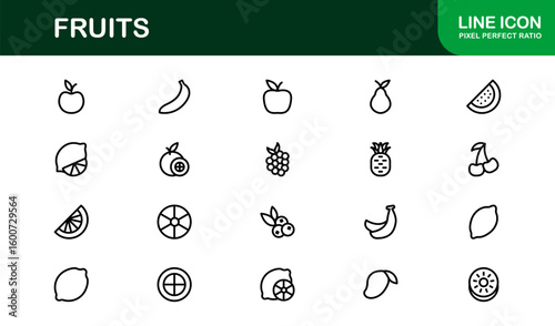 Fruits Line Icon Collection – Professional, simple, and unique vector pack showcasing healthy fruit concepts with clean and stylish design elements