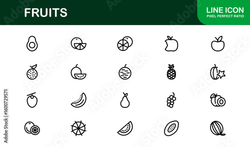 Fruits Line Icon Collection – Professional, simple, and unique vector pack showcasing healthy fruit concepts with clean and stylish design elements