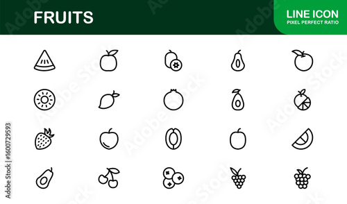 Fruits Line Icon Collection – Professional, simple, and unique vector pack showcasing healthy fruit concepts with clean and stylish design elements