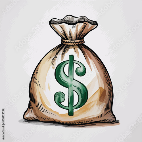 A tied sack with a green dollar symbol money