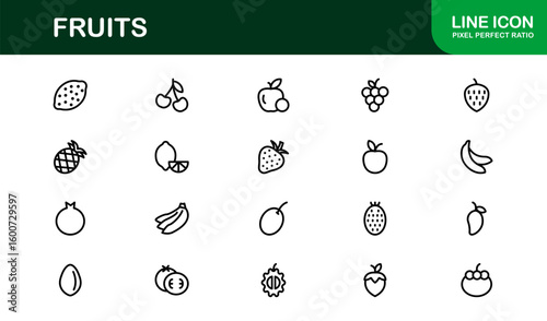 Fruits Line Icon Collection – Professional, simple, and unique vector pack showcasing healthy fruit concepts with clean and stylish design elements