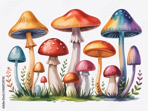 A vibrant assortment of fantastical fungi in a forest setting mushrooms nature