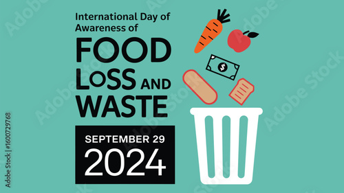 International Day of Awareness of Food Loss and Waste Poster with Leftover Food, Trash Bin and Save Food Icons
