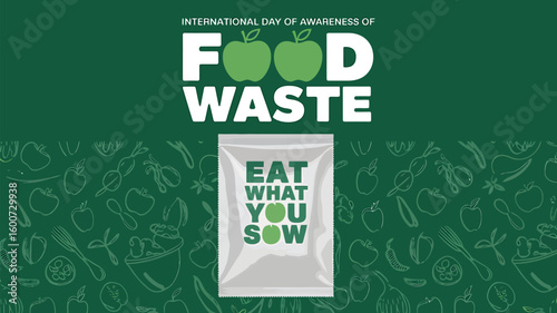 International Day of Awareness of Food Loss and Waste Poster with Leftover Food, Trash Bin and Save Food Icons