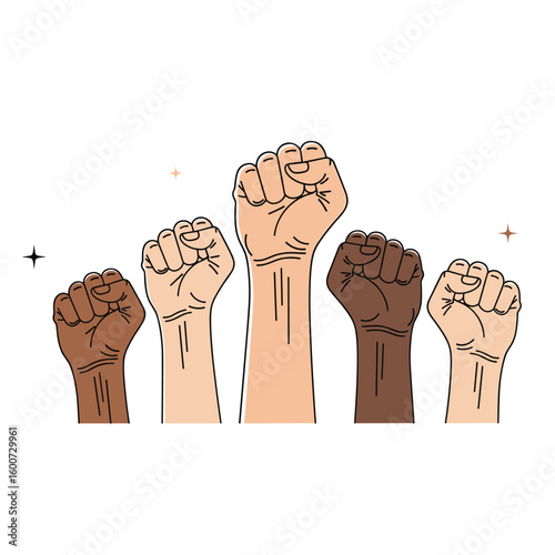 Five raised fists showing unity and solidarity across different skin tones