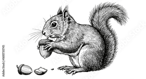 Vintage ink sketch of squirrel holding nut side view, hand-drawn black and white illustration, vector engraving or woodcut

