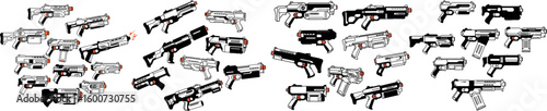 Collection of futuristic sci fi blasters and ray guns arranged in a circular pattern on a white background